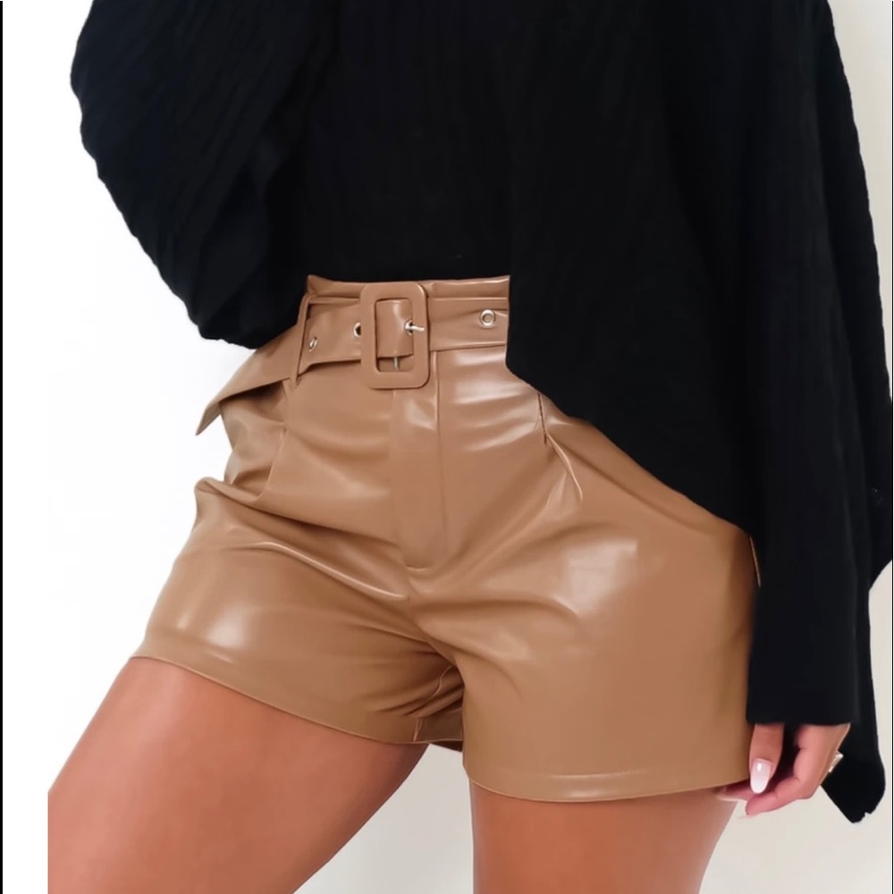 Brown High Waisted  Faux Leather Shorts With Belt